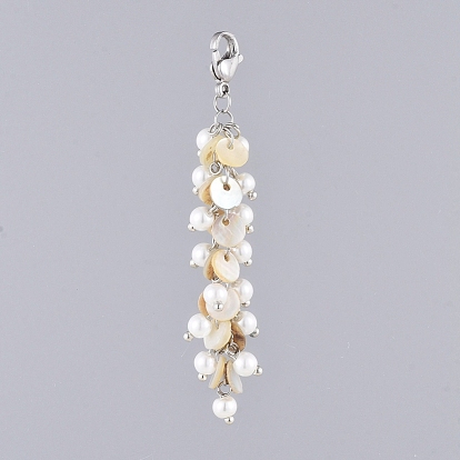 Natural Akoya Shell Pendants, Cluster Pendants, with Glass Pearl Beads and 304 Stainless Steel Lobster Claw Clasps
