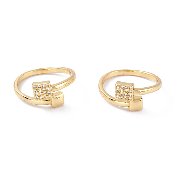 Adjustable Brass Micro Pave Clear Cubic Zirconia Cuff Rings, Open Rings, Long-Lasting Plated, Square