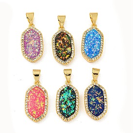 Brass Pendants Micro Pave Cubic Zirconia with Synthetic Opal, Real 18K Gold Plated, Hexagon