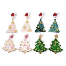 Glitter Star/Hat Christmas Tree Acrylic Dangle Stud Earrings, Alloy Jewelry for Women
