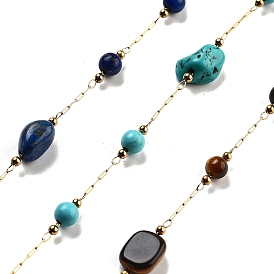 Handmade Nuggets Gemstone Beaded Chains, with Ion Plating(IP) 304 Stainless Steel Paperclip Chains, Unwelded, Real 18K Gold Plated