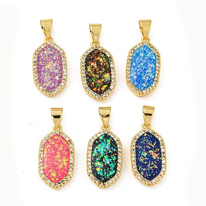 Brass Pendants Micro Pave Cubic Zirconia with Synthetic Opal, Cadmium Free & Lead Free, Real 18K Gold Plated, Hexagon
