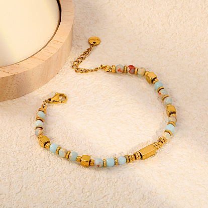 304 Stainless Steel & Round Natural Shoushan Stone Beaded Bracelets