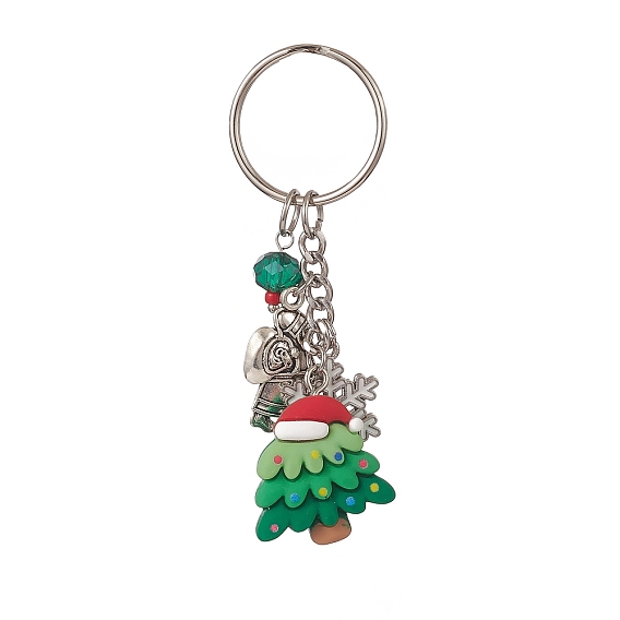 Christmas Theme Resin Keychains, with Alloy Enamel Pendants and Glass Beads and Iron Rings, Snowflake & Christmas Tree