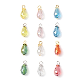 12Pcs 6 Colors Electroplate Glass Pendants, Teardrop, with Iron Loop, Faceted