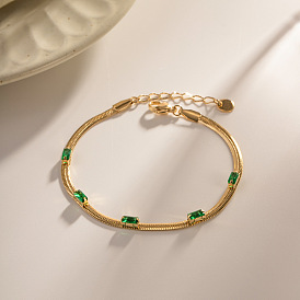 14K Gold Flat Snake Chain Inlaid Stainless Steel Square Necklace Green White Zircon Fashion Titanium Steel Bracelet