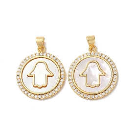 Brass Micro Pave Clear Cubic Zirconia Pendants, with Shell,  Real 18K Gold Plated, Flat Round with Hamsa Hand
