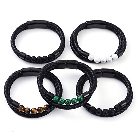 Mixed Stone Round Bead Leather Cord Multi-strand Bracelets, with 304 Stainless Steel Magnetic Clasps, for Men Women