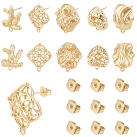 Nbeads 5 Pairs 5 Style Alloy Stud Earring Findings, with Loop and Brass Pins and Ear Nuts/Earring Backs, Polygon & Rhombus & Heart & Wave & Cactus