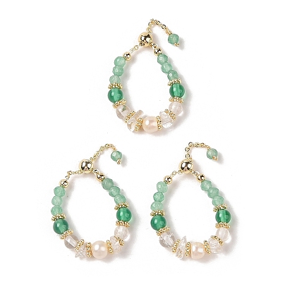 Регулируемые кольца из натурального зеленого агата, Круглое женское кольцо с натуральным пресноводным жемчугом и латунными бусинами