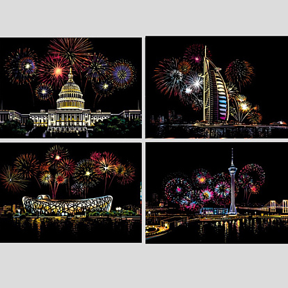Scratch Rainbow Painting Art Paper, DIY Night View of the City Scratchboard, with Paper Card and Sticks