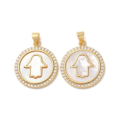 Brass Micro Pave Clear Cubic Zirconia Pendants, Cadmium Free & Lead Free, with Shell, Real 18K Gold Plated, Flat Round with Hamsa Hand