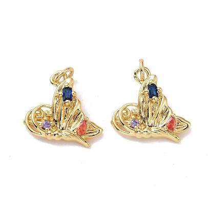 Butterfly Brass Micro Pave Colorful Cubic Zirconia Pendants, with Jump Rings, Cadmium Free & Lead Free