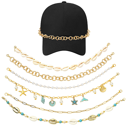 6 шт. 6 стили: морская тематика, латунь и пластик, жемчуг и ракушка каури, железная цепь, сплав, синтетическая бирюза, магнезит и алюминиевая цепочка для бейсболки