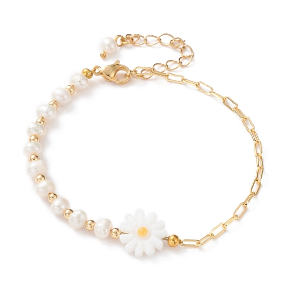 Beaded Bracelets, with Natural White Shell Flower Beads, Enamel, Pearl Beads, 304 Stainless Steel Lobster Claw Clasps, Brass Paperclip Chains and Round Beads, Seashell Color