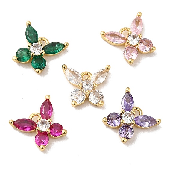 Brass Micro Pave Cubic Zirconia  and Glass Pendants, Lead Free & Cadmium Free, Long-Lasting Plated, Real 18K Gold Plated, Butterfly