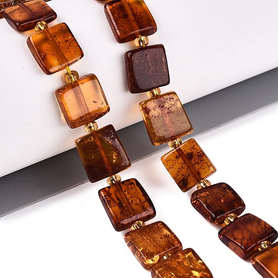 Natural Amber Beads Strands, Square, with Seed Beads