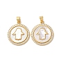 Brass Micro Pave Clear Cubic Zirconia Pendants, Cadmium Free & Lead Free, with Shell, Real 18K Gold Plated, Flat Round with Hamsa Hand