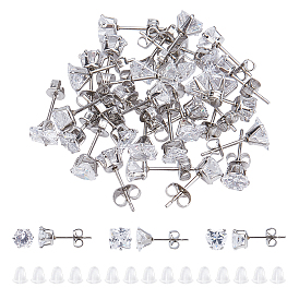 15 Pairs 3 Styles Cubic Zirconia Ear Studs, with Stainless Steel Base and Plastic Ear Nuts, Heart & Flat Round & Square