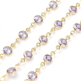 Handmade Lilac Glass Flat Round Link Chains, with Brass Findings, with Spool, Soldered