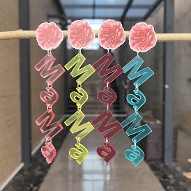 Акриловые серьги-подвески ко Дню матери, слово мама с цветком, платина