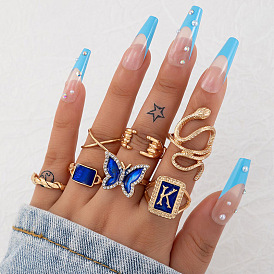 Gold and Blue K Letter Butterfly Snake Cross 7-Piece Set Women's Ring