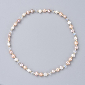 Beaded Necklaces, with Natural Cultured Freshwater Pearl Beads, Glass Beads and Brass Round Spacer Beads, Korean Elastic Crystal Thread, with Burlap Bags