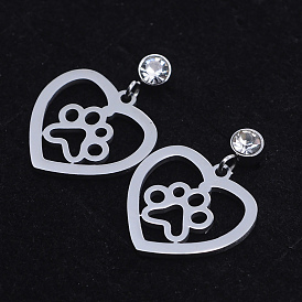 201 Stainless Steel Dangle Stud Earrings, with Clear Cubic Zirconia, Heart with Dog Paw Prints