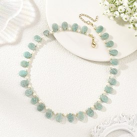 Collares con cuentas de arroz perlado de agua dulce cultivadas naturales y amazonita natural en forma de lágrima.