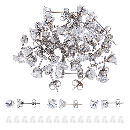 15 Pairs 3 Styles Cubic Zirconia Ear Studs, with Stainless Steel Base and Plastic Ear Nuts, Heart & Flat Round & Square