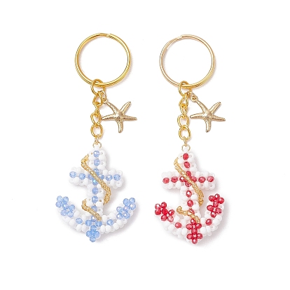 2Pcs Iron Glass Seedbead Keychain, Boat Anchor, Starfish