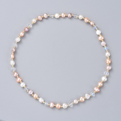 Beaded Necklaces, with Natural Cultured Freshwater Pearl Beads, Glass Beads and Brass Round Spacer Beads, Korean Elastic Crystal Thread, with Burlap Bags