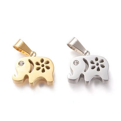 Ion Plating(IP) 304 Stainless Steel Pendants, with Rhinestone, Manual Polishing, Elephant