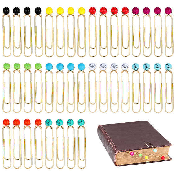 40 piezas 10 colores clips de papel de hierro, con cuentas redondas de color turquesa sintética, dorado