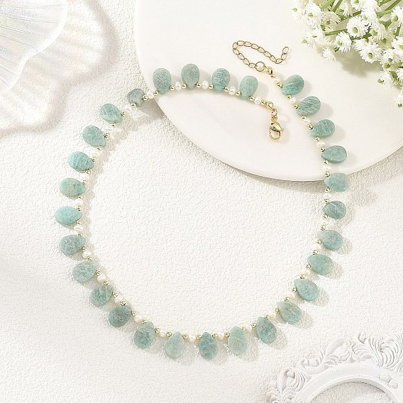 Natural Cultured Freshwater Pearl Rice & Natural Amazonite Teardrop Beaded Necklaces