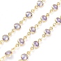 Handmade Lilac Glass Flat Round Link Chains, with Brass Findings, with Spool, Soldered