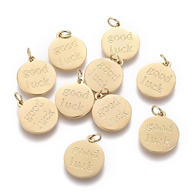 Ion Plating(IP) 304 Stainless Steel Charms, with Jump Rings, Flat Round with Word Good Luck