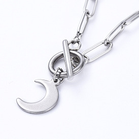 Moon 304 Stainless Steel Pendant Necklaces, with Paperclip Chains and Toggle Clasps