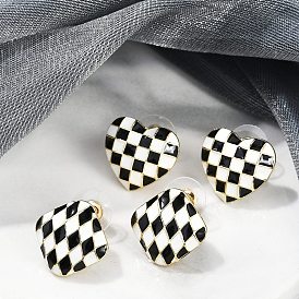 Alloy Stud Earrings, Black and White Checkerboard, Golden