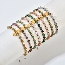 Bohemian Style Natural & Synthetic Mixed Stone Cube Braided Bead Bracelet, Adjustable Bracelet with Flat Round Charms