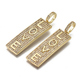 Brass Micro Pave Clear Cubic Zirconia Pendants, for Valentine's Day, Nickel Free, Rectangle with Word Love