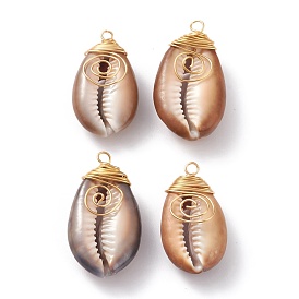 Natural Cowrie Shell Wire Wrapped Pendants, with Eco-Friendly Golden Copper Wire, for Jewelry Making