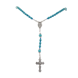 Colliers turquoises synthétiques, pendentif croix en alliage