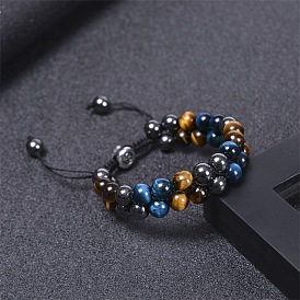8MM Blue Tiger Eye Black Magnetic Bracelet for Men, Double-layer Braided Natural Stone Yoga Beaded Bracelet