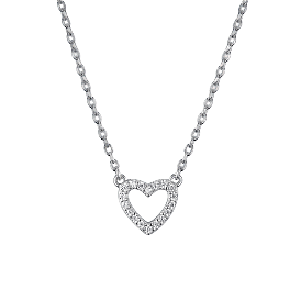 Rhodium Plated 925 Sterling Silver Micro Pave Clear Cubic Zirconia Heart Necklaces, Sweet and Delicate Collarbone Chain