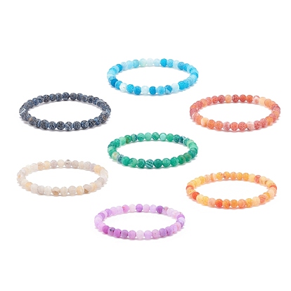 7Pcs 7 Color Natural Weathered Agate(Dyed) Round Beaded Stretch Bracelets Set, Gemstone Jewelry for Women