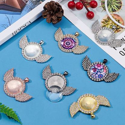 DIY Pendant Making Kits, with Alloy Crystal Rhinestone Pendant Cabochon Settings and Transparent Glass Cabochons, Flat Round with Wing