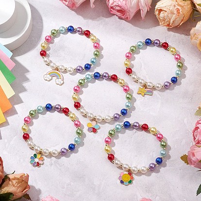Акриловые жемчужные круглые бусины эластичные браслеты, сплав эмалевые браслеты с подвесками для женщин и девочек, радуга/звезда/цветок