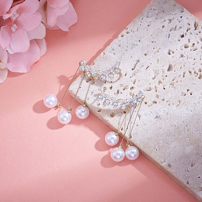 Clear Cubic Zirconia Leafy Branch with Imitation Pearl Dangle Stud Earrings, Alloy Long Tassel Drop Earrings for Women