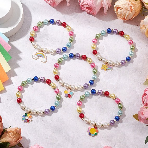 Акриловые жемчужные круглые бусины эластичные браслеты, сплав эмалевые браслеты с подвесками для женщин и девочек, радуга/звезда/цветок